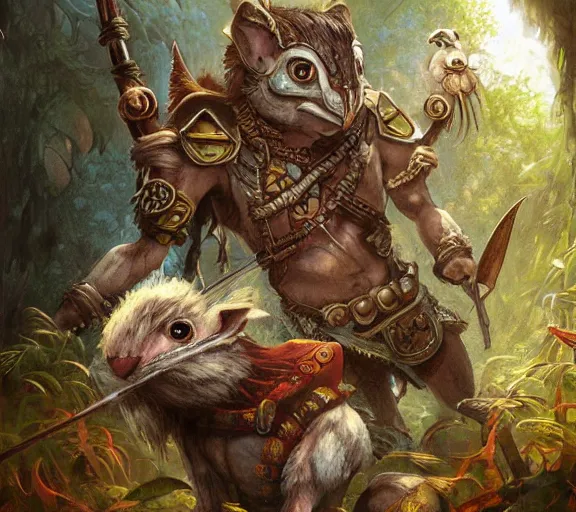 Prompt: dungeons and dragons fantasy painting, portrait, a feathered mouse spartan, 3 0 0, whimsical and cute, aztec, mayan, determined expressions, watery eyes, anime inspired, face paint, tufty whiskers, macuahuitl, in the jungle, by brain froud jessica rossier and greg rutkowski