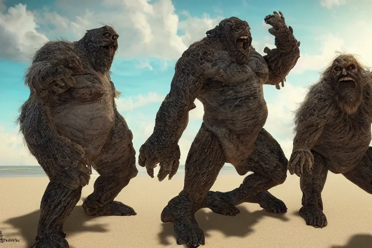 Image similar to photo, friends, man two old hairy fat ugly men! fighting alien monsters 3 5 5 4 7 on a beach, highly detailed, scary, intricate details, volumetric lighting, front view