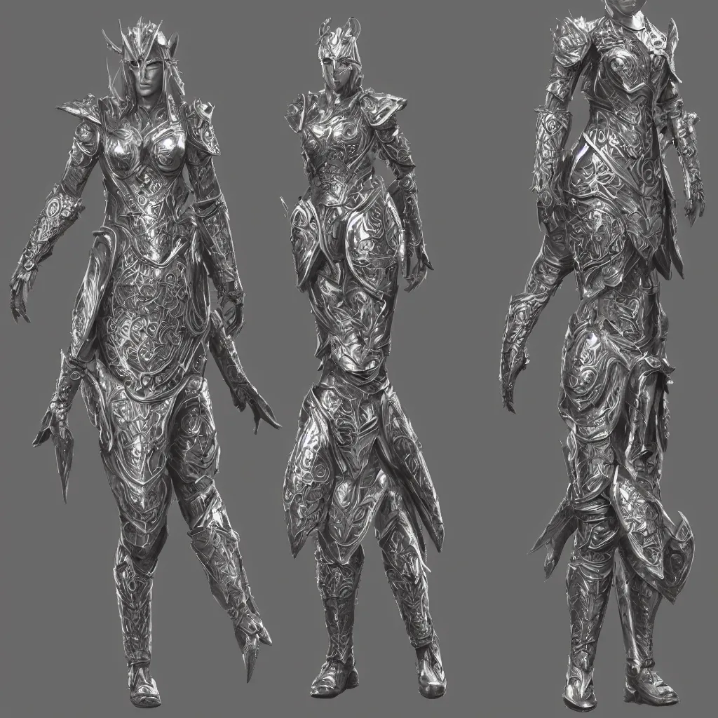 Image similar to concept layout of 3 d rendered full suit of decorative female armor, filigree, lord of the rings, elder scrolls, detailed, art station, unreal engine