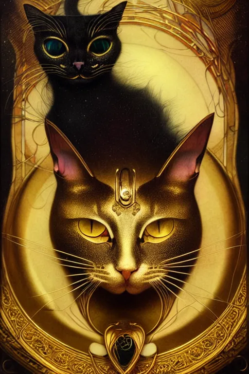 Image similar to metallic gold cat smoking by Android Jones, tom bagshaw, mucha, karl kopinski