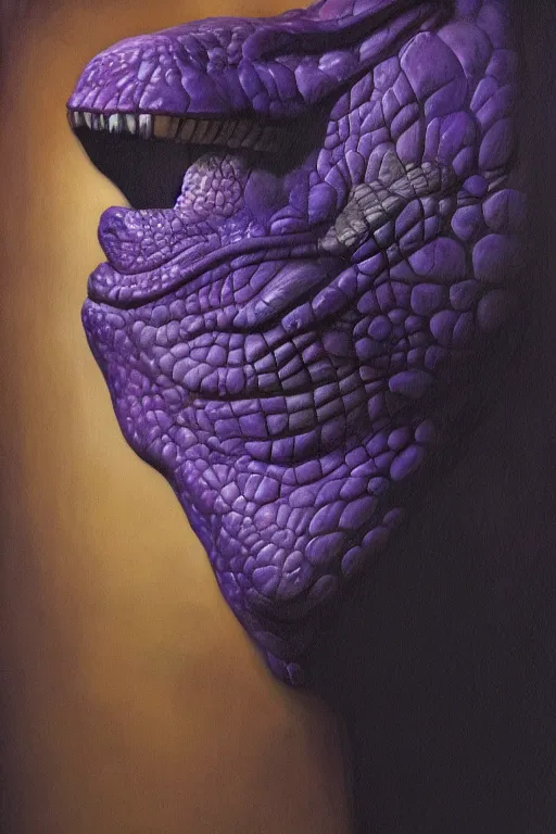 Image similar to barney the dinosaur in a dim purple lit room, melancholy, smoky, oil on canvas, intricate, portrait, 8 k highly professionally detailed, hdr, cgsociety