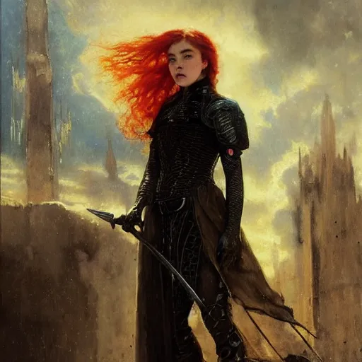 Image similar to young redheaded florence pugh, wearing dark black ornamented medieval armour, detailed, by gaston bussiere, bayard wu, greg rutkowski, giger, maxim verehin, greg rutkowski, masterpiece, sharp focus,