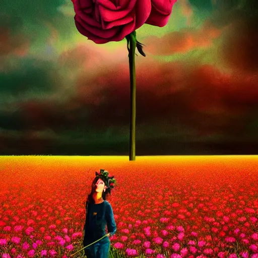 Image similar to giant rose flower head, full body girl standing in a flower field, surreal photography, sunrise, dramatic light, impressionist painting, colorful clouds, digital painting, artstation, simon stalenhag