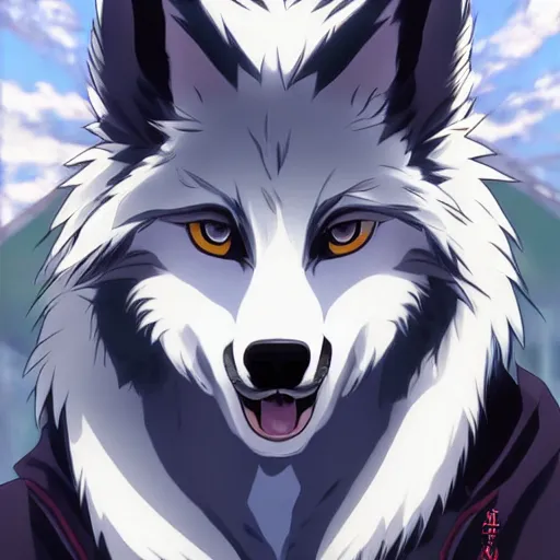 Image similar to key anime visual portrait of an anthropomorphic anthro wolf fursona, in a jacket, with handsome eyes, official modern anime art