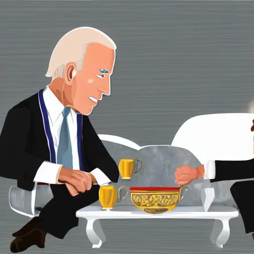 Image similar to joe biden sitting with saddam hussein they are both drinking tea photorealistic professional photograph