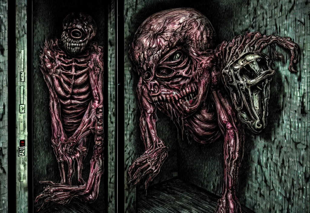 Prompt: hyperrealistic colorized cinestill of creepy monster entity creature in the style of dead space, junji ito, gantz, waiting weirdly inside toronto apartment elevator. deep aesthetics of weirdcore