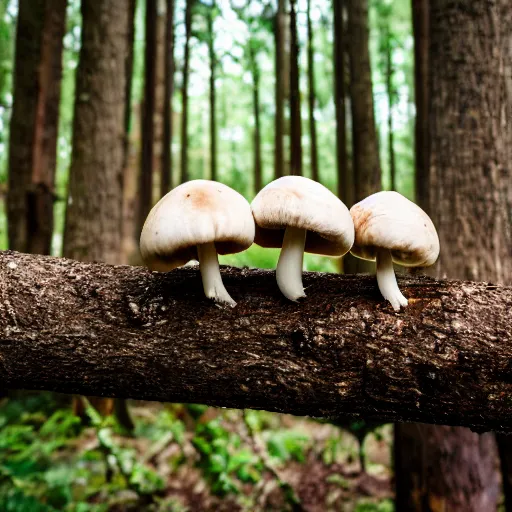 Prompt: mooshrooms growing on a dead tree in the forest, canon eos r 3, f / 1. 4, iso 2 0 0, 1 / 1 6 0 s, 8 k, raw, unedited, symmetrical balance, in - frame,