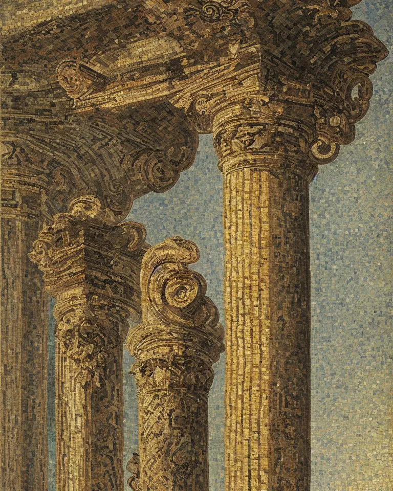 Image similar to achingly beautiful painting of intricate ancient roman corinthian capital on radiant mosaic background by rene magritte, monet, and turner. giovanni battista piranesi.