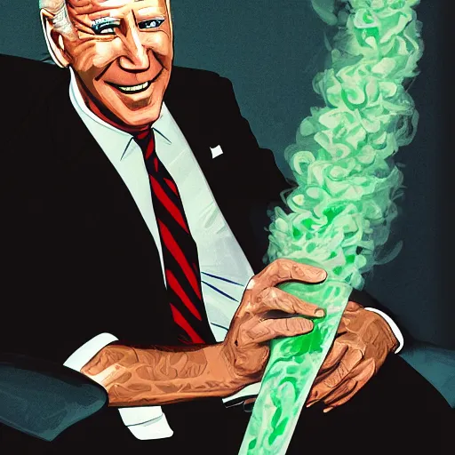 Prompt: joe biden holding a giant joint while sitting on a couch in a messed up apartment, stoned eyes, smoke, beautiful digital art, amazing detail, artstation, award winning, sharp