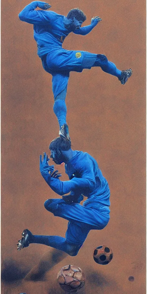 Image similar to messi tackling a blue demon surrounded by roteiro balls by Zdzisław Beksiński, football nike