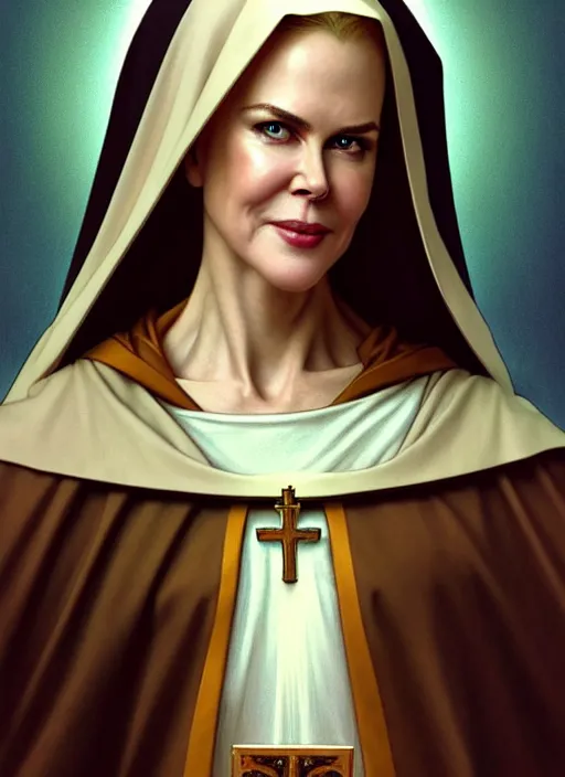 Prompt: portrait of nicole kidman as a nun, catholic, church, bible, christian, intrigante, headshot, highly detailed, digital painting, artstation, concept art, sharp focus, cinematic lighting, illustration, art by artgerm and greg rutkowski, alphonse mucha, cgsociety