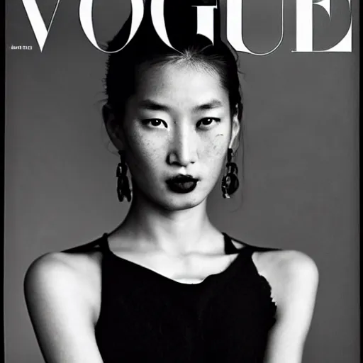 Prompt: a beautiful professional photograph by herb ritts and ellen von unwerh for the cover of vogue magazine of a beautiful lightly freckled and unusually attractive tibetan female fashion model looking at the camera in a flirtatious way, zeiss 5 0 mm f 1. 8 lens