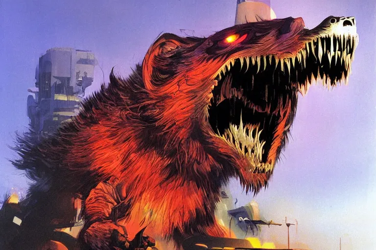 Image similar to face of a ferocious bionic werewolf robot with sharp teeth by Paul Lehr by Syd Mead