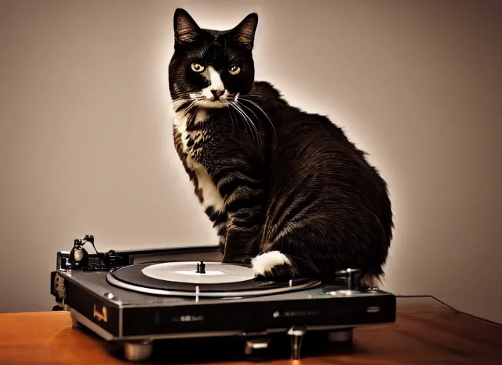Image similar to photography of a Cat sitting on a record player. in a room full of vinyls and posters out of the 70's, photorealistic, raining award winning photo, 100mm, sharp, high res