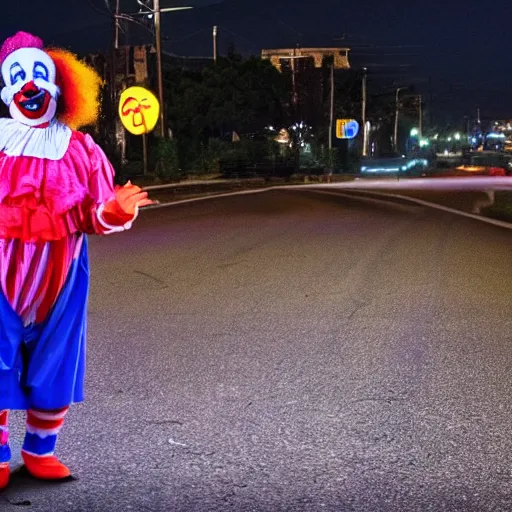 Image similar to a clown in the middle of the street at night, dash cam footage