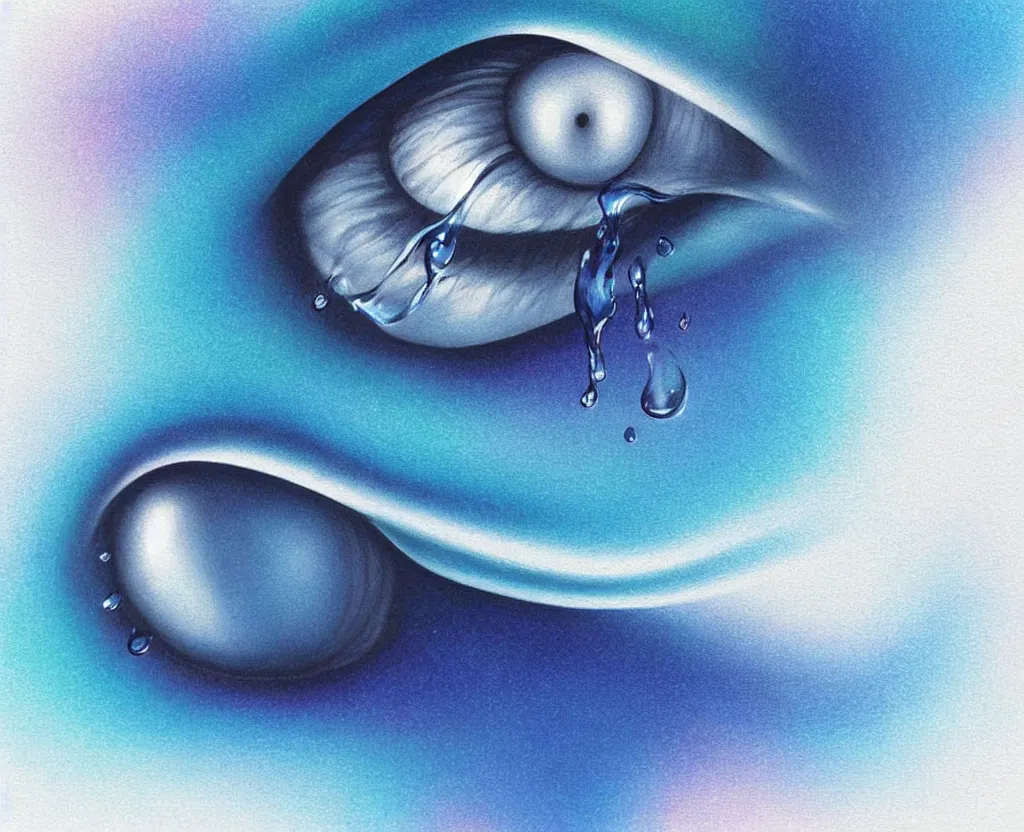 Image similar to beautiful matte airbrush of a glossy water drop dripping on a white background, inspired by 8 0's airbrush illustrations, art by pater sato