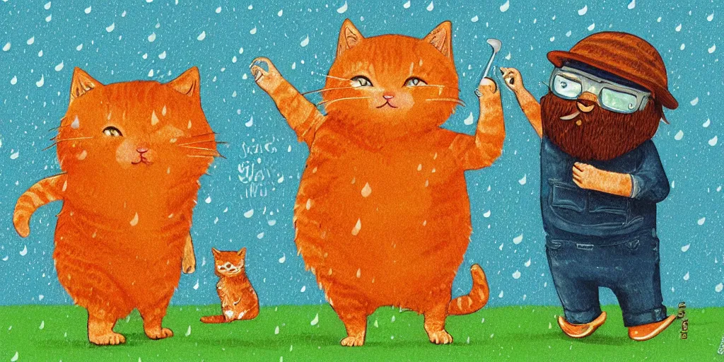 Prompt: a bearded man and an orange tabby kitten standing in the rain by richard scarry