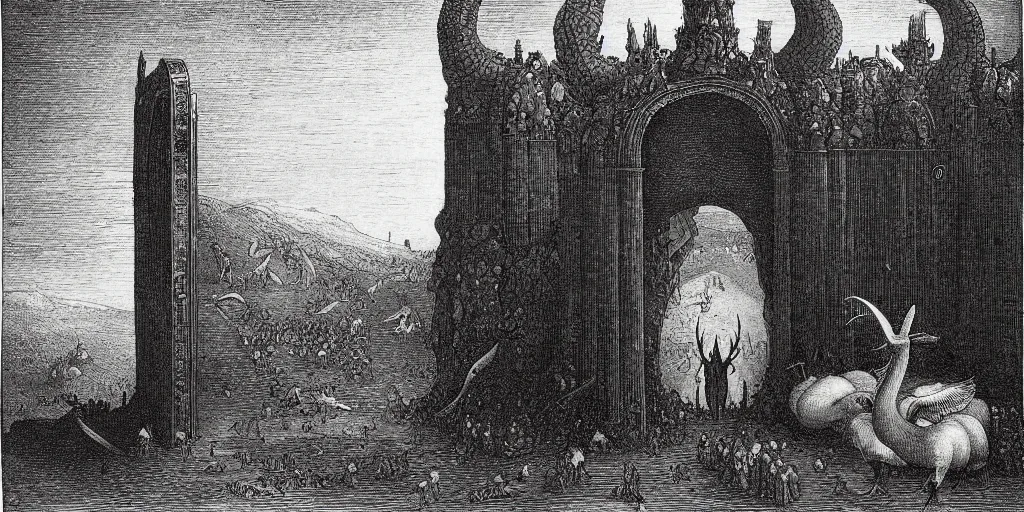 Image similar to gargantuan goose guarding the gates of hell, art by gustave dore, hieronimus bosch