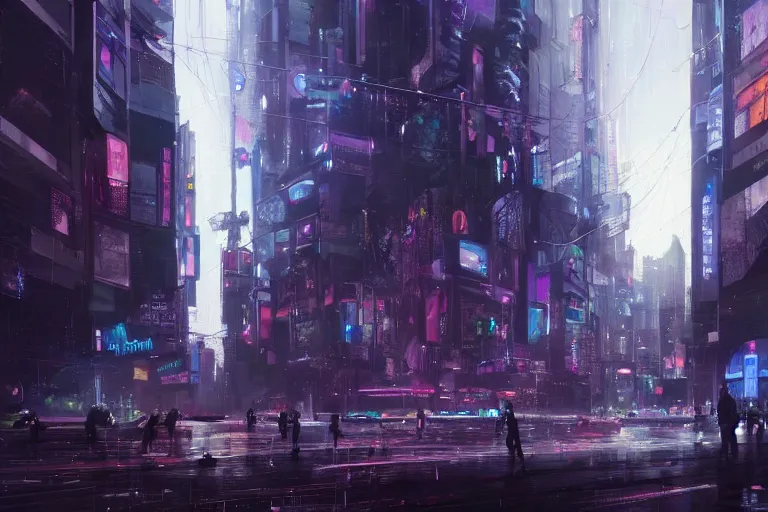 Prompt: dramatic artstation illustration of a crowd of people at a city intersection, surrounding giant holographic avatar by greg rutkowski, cyberpunk, raining