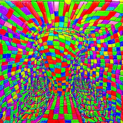 Image similar to A drawing. A rip in spacetime. Did this device in his hand open a portal to another dimension or reality?! bismuth by Sandy Skoglund exciting