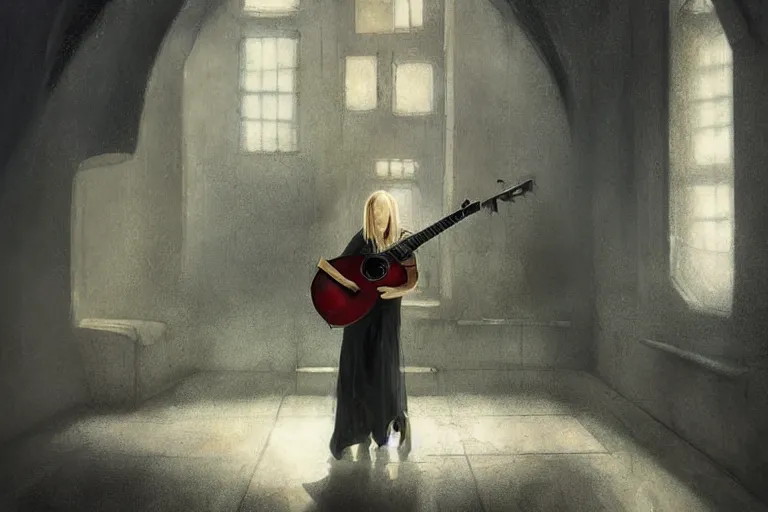 Prompt: an empty brutalist chamber, lonely, somber, a cursed lute, oud, guitar by brian froud leans against the wall alone, abandoned. a thin wisp of smoke rises from the lute. late afternoon lighting cinematic fantasy painting by jessica rossier