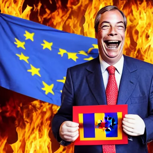 Image similar to nigel farage laughing holding burning eu flag, studio photograph, hd, studio