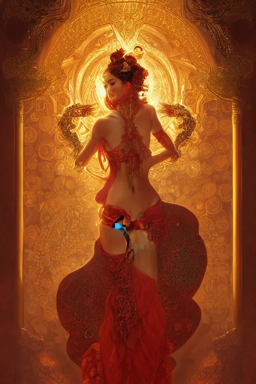 Image similar to tarot card artstation, portrait of an asian love dancer, sunrise, baroque ornamnet and rococo ornament, ancient chinese ornate, hyperdetailed, beautiful lighting, craig mullins, mucha, klimt, yoshitaka amano, red and gold and orange color palatte