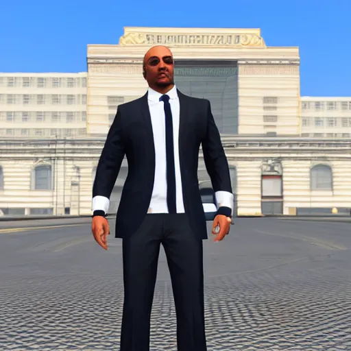 Prompt: high quality ingame screenshot of michael in front of Palácio do Planalto in GTA v, GTA v, screenshot GTA v