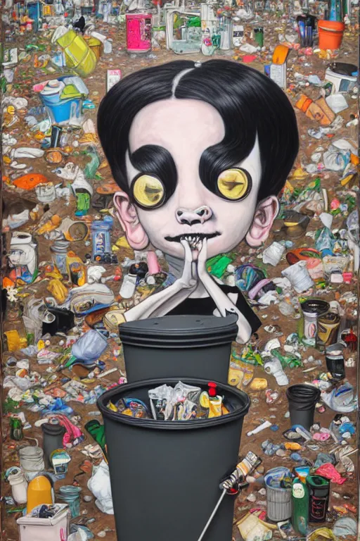 Image similar to full view, from a distance, of anthropomorphic trashcan who is marcel duchamp, full of trash, style of yoshii chie and hikari shimoda and martine johanna, highly detailed