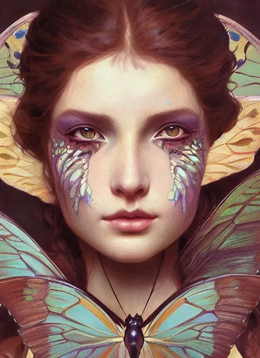 Prompt: a woman with her face painted like the wings of a butterfly. butterfly wings face painting. beautiful highly detailed face. painting by artgerm and greg rutkowski and alphonse mucha.