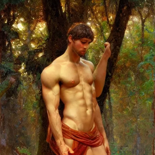 Prompt: young god of the forest with a muscular body type, painting by Gaston Bussiere, Craig Mullins