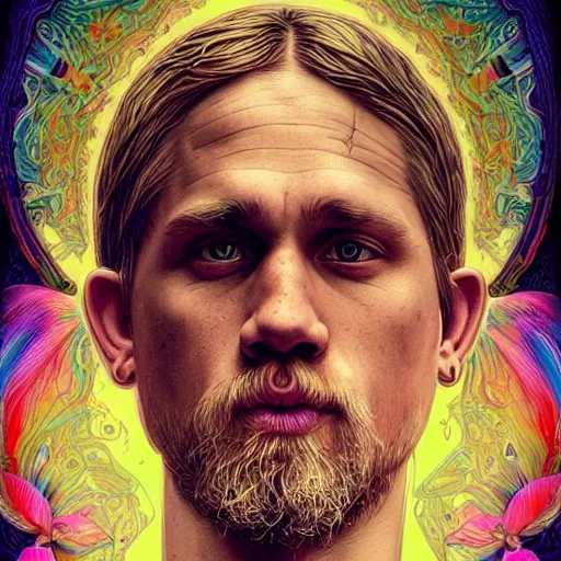 Image similar to portrait of charlie hunnam, hyper detailed masterpiece, neon floral pattern, jean giraud, digital art painting, darkwave goth aesthetic, psychedelic, artgerm, donato giancola and tom bagshaw