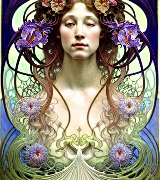 Image similar to beautiful orchid fairy detailed realistic porcelain face portrait by jean delville, alphonse mucha, iris van herpen and marco mazzoni, art forms of nature by ernst haeckel, art nouveau, symbolist, visionary, gothic, neo - gothic, pre - raphaelite, fractal lace, intricate alien botanical biodiversity, surreality, hyperdetailed ultrasharp octane render