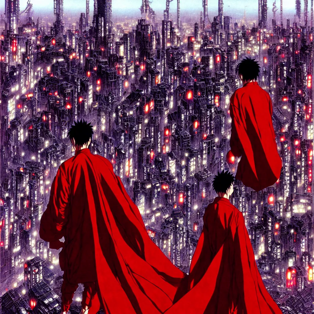 Image similar to tetsuo with red cape in neo - tokyo overlooking city, from akira | anime, matte painting, perfect detailed face anime art, dystopian megacity neo - tokyo akira, shaded perfect, fine details. realistic shaded lighting anime manga artwork by katsuhiro otomo, akira, artgerm, jeremy lipkin and michael garmash and rob rey