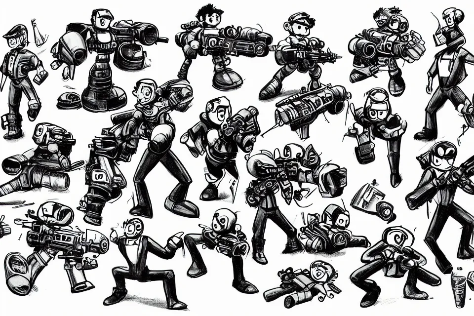 Image similar to concept sketches of supersoaker bazookas by jamie hewlett, in the style of megaman