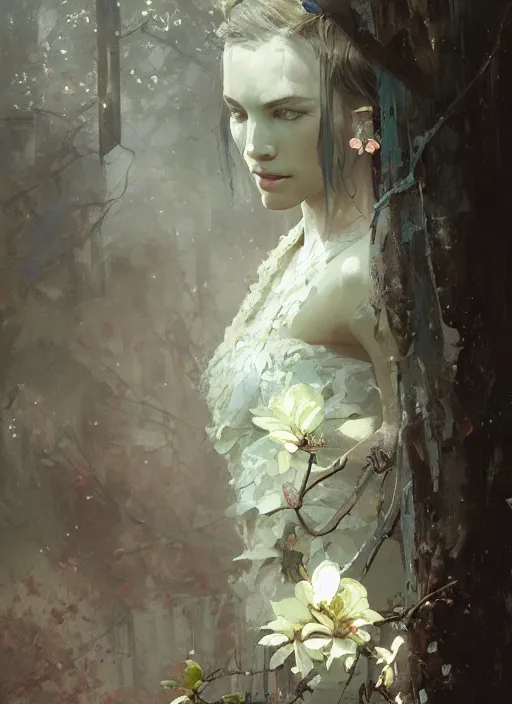 Image similar to female goddess of magnolias, beautiful face, rule of thirds, intricate outfit, backlit, by greg rutkowski, by jeremy mann, digital painting