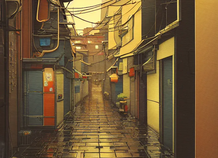 Image similar to window in foreground, tokyo alleyway, rainy day, by cory loftis, makoto shinkai, hasui kawase, james gilleard, beautiful, serene, peaceful, lonely, golden curve composition