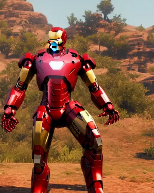 Image similar to iron man styled mech suit in red dead redemption 2, cinematic, photorealistic