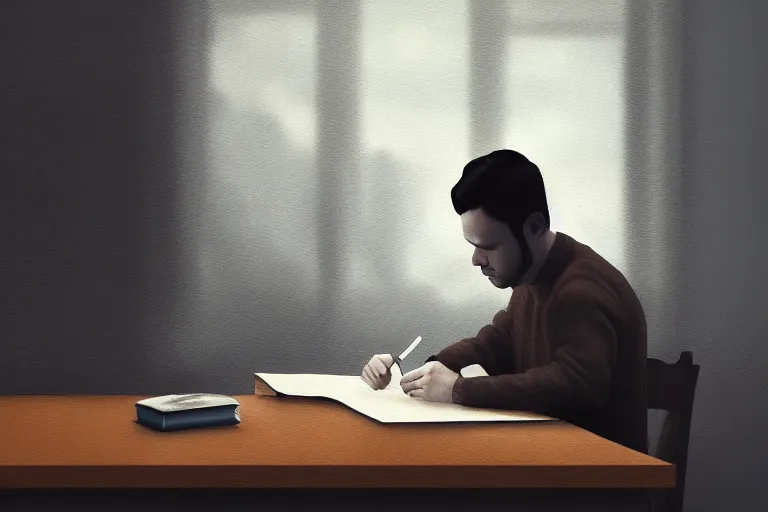 Image similar to a painting of a lonely man writing in a large leather notebook in a foggy room by jama jurabaev, cinematic shot, trending on artstation, high quality, ultra realistic, blue color theme