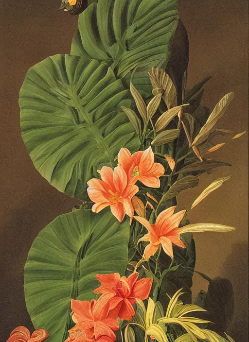 Image similar to tiger, tropical plants, botanical, large exotic flowers, biology, realistic, painted by john audubon