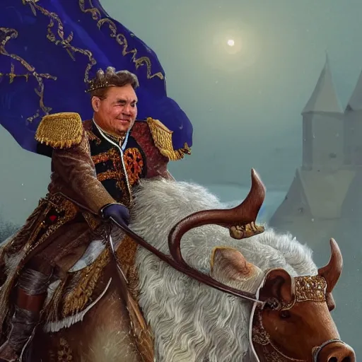 Image similar to an extremely realistic portrait depicting the coronation of viktor orban dressed in royal national costume, riding a hog on the frozen danube, close up, intricate, elegant, highly detailed, digital painting, artstation, concept art, smooth, sharp focus, illustration,