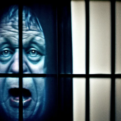 Prompt: dark photo of dark blue rainy bedroom window at night, dimly lit creepy | screaming face of boris johnson staring in through the window, bloody hands, horror, scary face, demonic face,