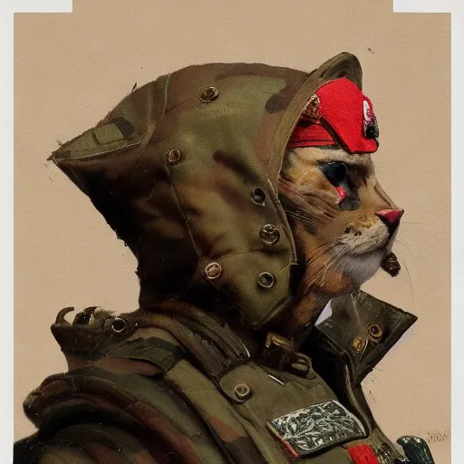 Prompt: Portrait figure study ripped physique kitty cat general camouflaged as a kitty cat man wearing a military officer uniform jean helion greg rutkowski Dan Witz norman rockwell victo ngai