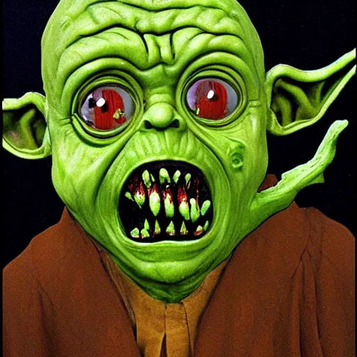 Prompt: zombie yoda, yoda as a zombie, hieronymus bosch, zombified, scary