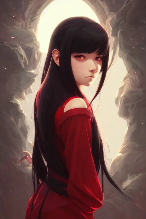 Prompt: a beautiful girl with long black hair and red eyes, fantasy, sharp focus, intricate, digital painting, artstation, highly detailed, ambient lighting, portrait by Studio Ghibli, Rossdraws, artgerm, Ilya Kuvshinov, and Greg Rutkowski