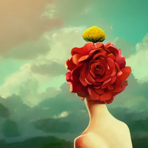 Image similar to closeup, giant rose flower head, frontal, girl in a suit, surreal photography, sunrise, dramatic light, impressionist painting, digital painting, artstation, simon stalenhag