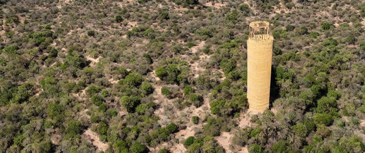 Prompt: monumental golden tower in arid mountain and lush palm forest