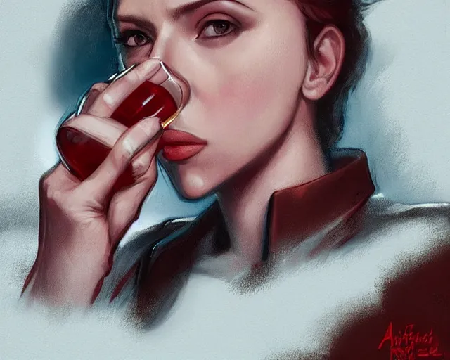 Image similar to portrait of scarlett johansson drinking water in team fortress 2 style, detailed face, dark fantasy art, fantasy, pretty, hd shot, digital portrait, beautiful, artstation, comic style, by artgerm, guy denning, jakub rozalski, magali villeneuve, neoartcore and charlie bowater