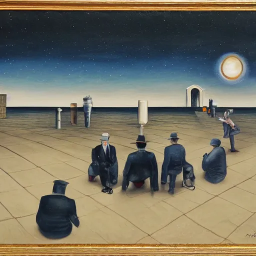 Image similar to the meeting of conspiracy theorists at the docks at midnight, surrealist painting