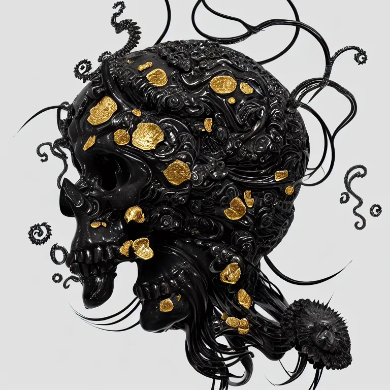 Image similar to black background. absolutely symmetrical sculpture. centered. goddess princess face close-up portrait ram skull. sculpture made of gold and black charcoal. jellyfish phoenix head, nautilus, orchid, skull, betta fish, bioluminiscent creatures, intricate artwork by Tooth Wu and wlop and beeple. octane render, trending on artstation, greg rutkowski very coherent symmetrical artwork. cinematic, hyper realism, high detail, octane render, 8k